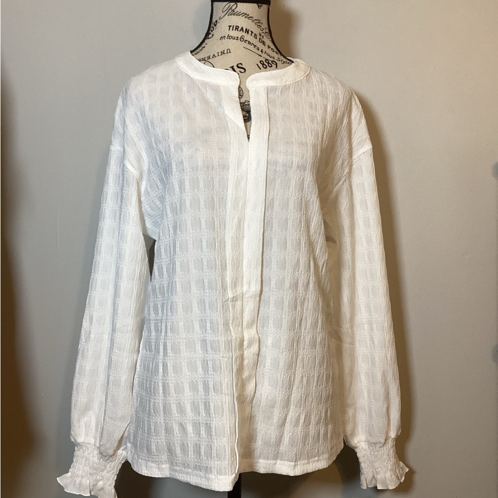 🩵NWT🩵 TEXTURED SHEER V-NECK BLOUSE LONG SLEEVE WHITE SIZE SMALL
